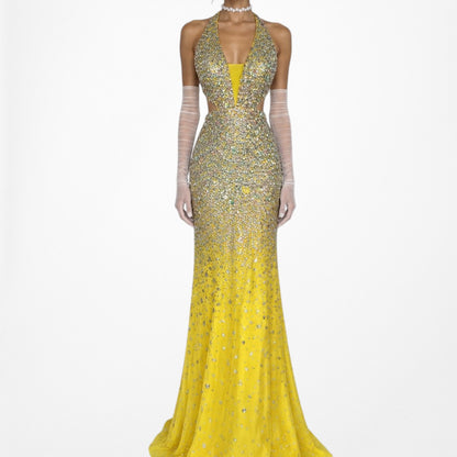 Vintage Yellow Rhinestone Beaded Cutout Maxi Prom Dress Size XS/S