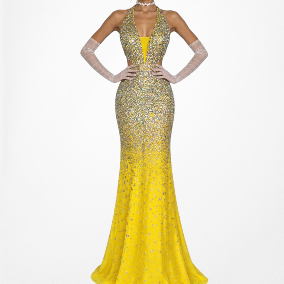 Vintage Yellow Rhinestone Beaded Cutout Maxi Prom Dress Size XS/S