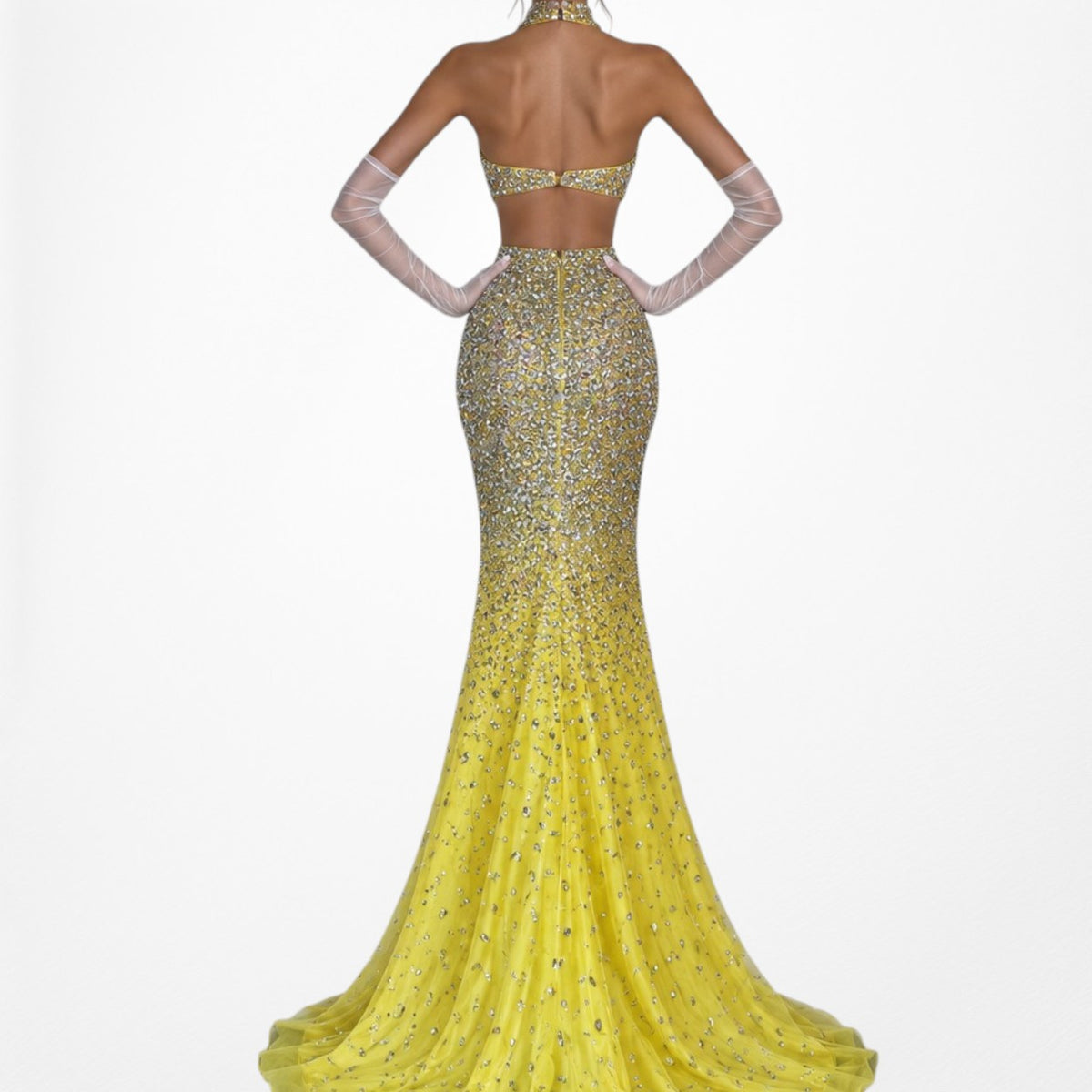 Vintage Yellow Rhinestone Beaded Cutout Maxi Prom Dress Size XS/S