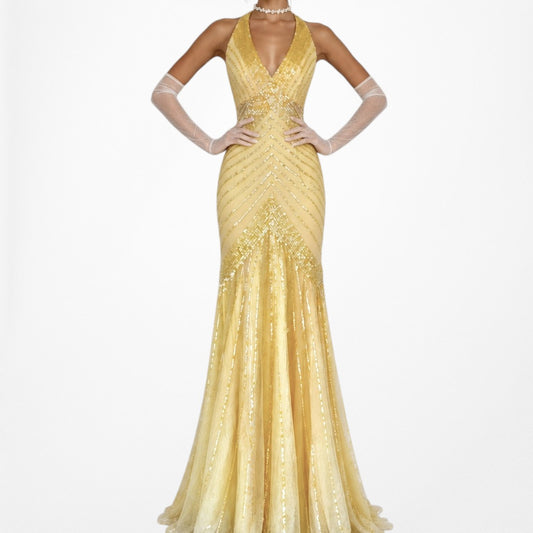 Vintage Y2K Yellow Halter Beaded Sequin Mesh Bodycon Maxi Prom Dress Size XS/S