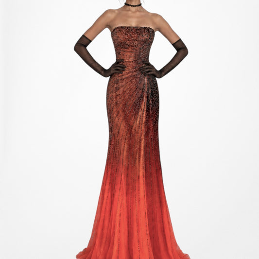Vintage Orange Silk Strapless Beaded Ombre Fit Flared Maxi Formal Prom Dress Size S