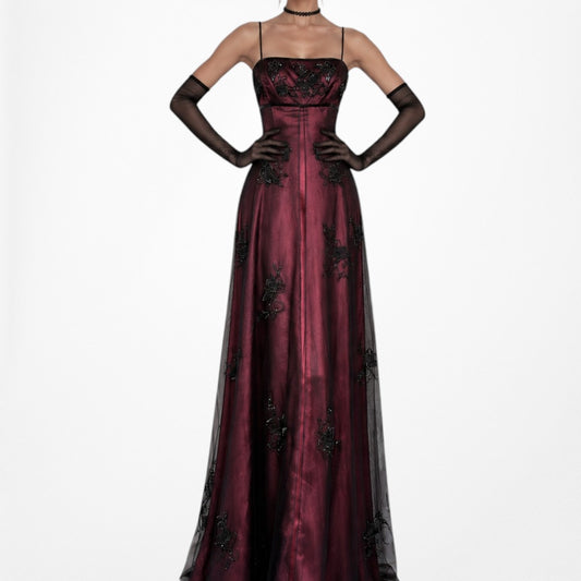 Vintage Y2K Burgundy Red Floral Beaded Mesh Satin Formal Maxi Prom Dress Size S