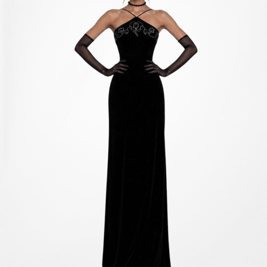 Vintage Black Velvet Mesh Gold Embroidered Knit Maxi Cocktail Formal Prom Dress Size M/L