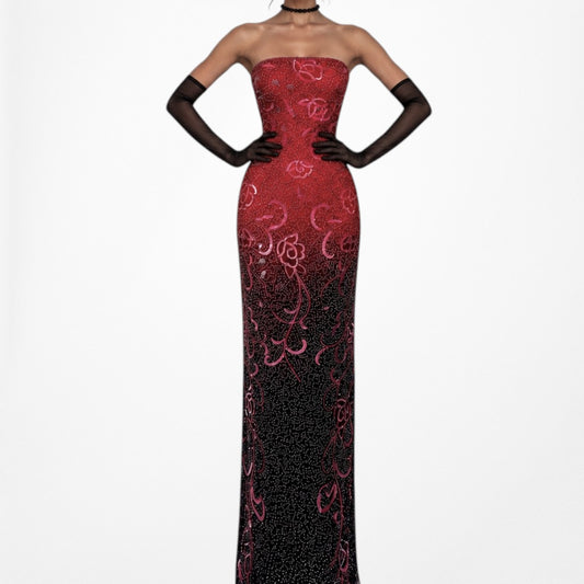 Vintage Strapless Silk Pink Red Floral Beaded Maxi Bodycon Formal Prom Dress Size XS/S