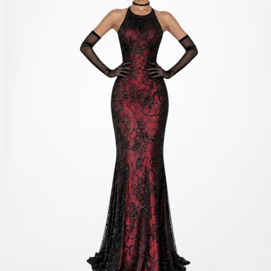 Vintage Black Red Mesh Floral Beaded Silk Bodycon Maxi Formal Prom Dress Size S/M