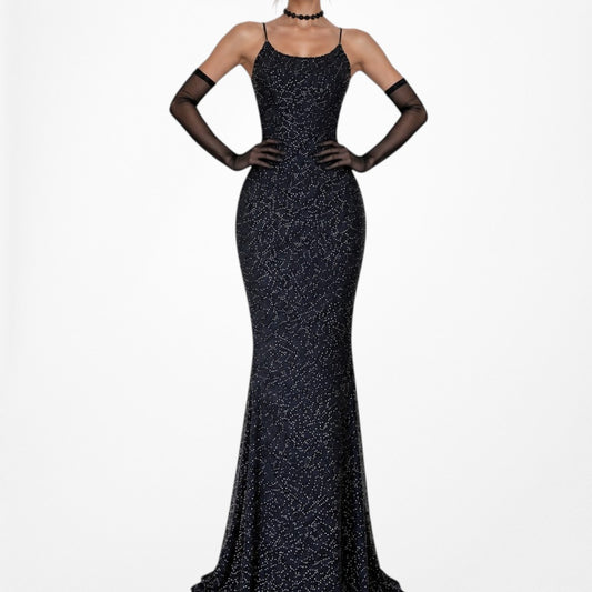 Vintage Navy Blue Beaded Bodycon Maxi Formal Prom Dress Size S