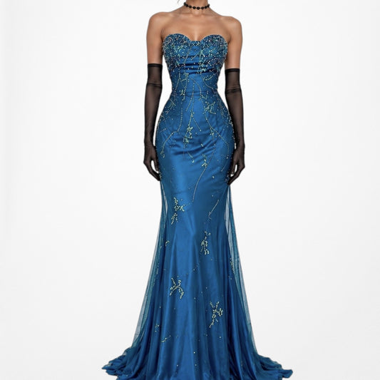 Vintage Blue Strapless Fit Flared Beaded Satin Mesh Maxi Formal Dress Size L