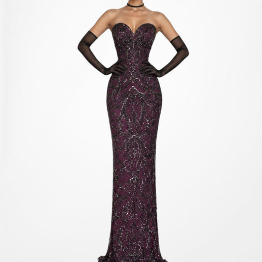 Vintage Strapless Silk Beaded Bustier Corset Bodycon Maxi Formal Prom Dress Size S