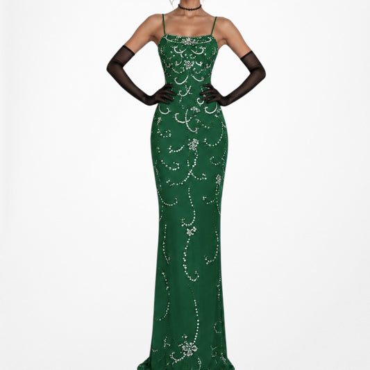 Vintage Y2K Green Sequin Beaded Mesh Bodycon Maxi Formal Prom Dress Size XXS/XS