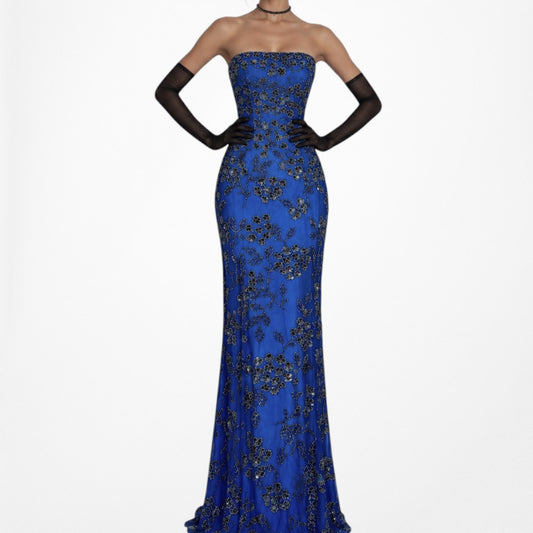 Vintage Y2K Blue Silk Strapless Floral Beaded Bodycon Maxi Prom Dress Size XS/S
