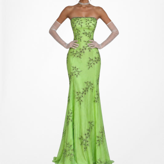 Vintage Green Silk Floral Beaded Strapless Fit Flared Maxi Formal Prom Dress Size S
