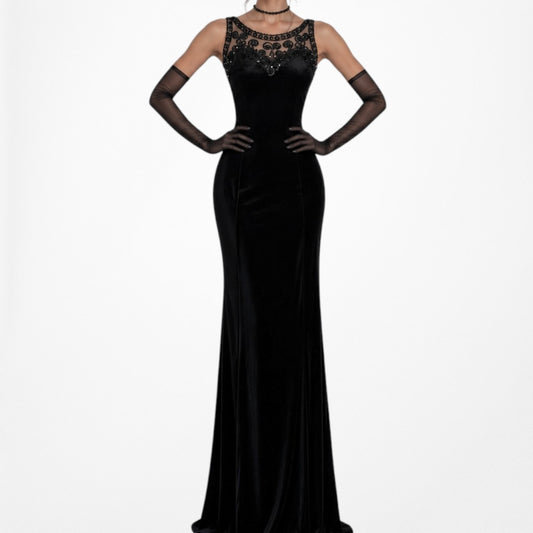 Vintage Black Knit Velvet Sequin Bodycon Maxi Cocktail Formal Prom Dress Size S