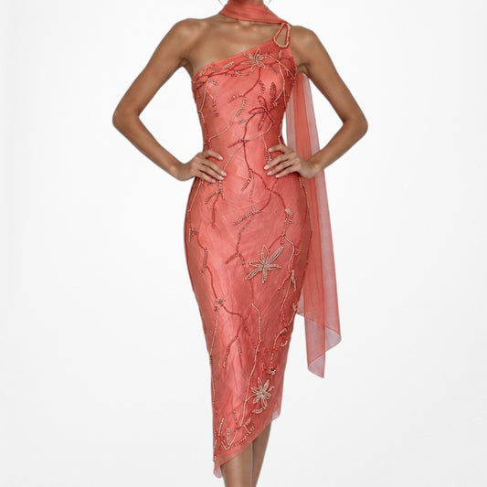 Vintage Pink Orange Floral Beaded Silk One Shoulder Midi Bodycon Formal Cocktail Prom Dress Size S