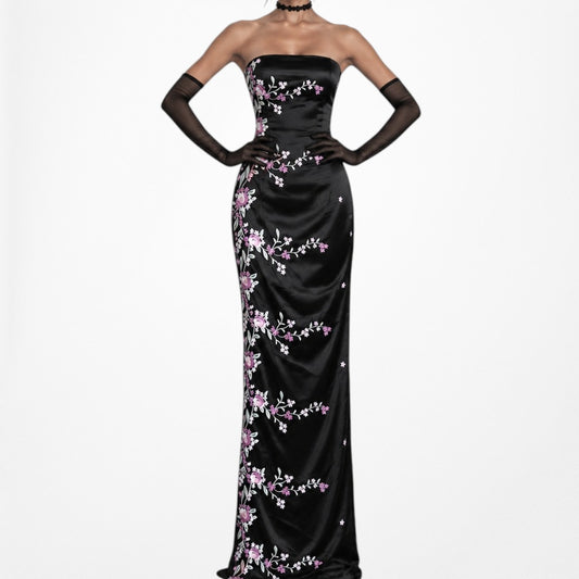 Vintage Black Strapless Floral Embroidered Satin Maxi Bodycon Prom Dress Size M