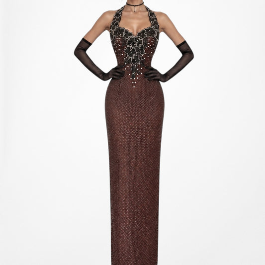 Vintage Brown Floral Beaded Halter Bodycon Maxi Prom Dress Size XS/S