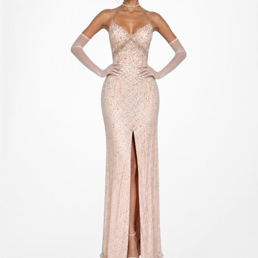Vintage Pink Peach Beaded Thigh High Slit Fit Flared Maxi Formal Prom Cocktail Dress Size M