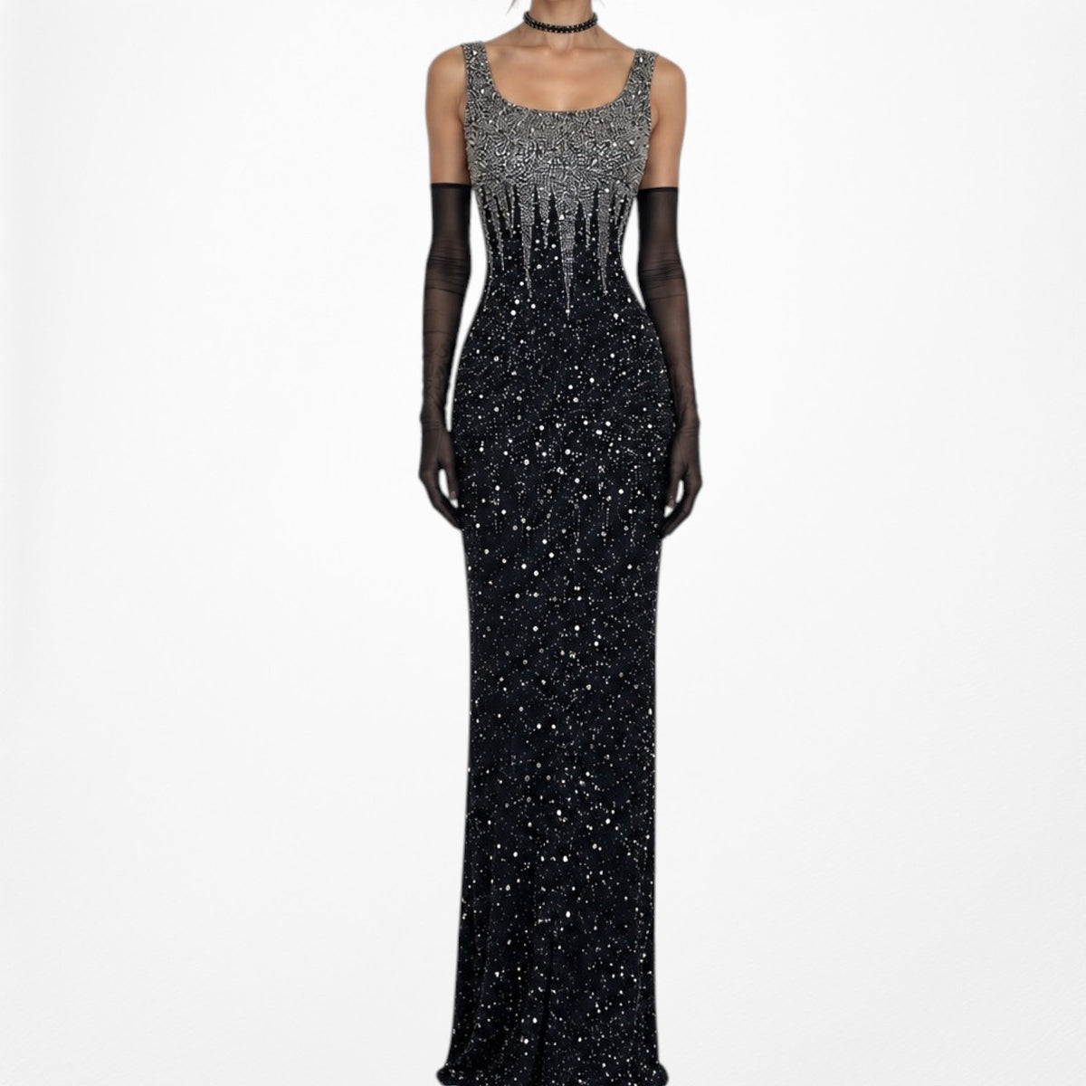 Gray Silk Beaded Maxi Bodycon Slit Formal Prom Dress Size S
