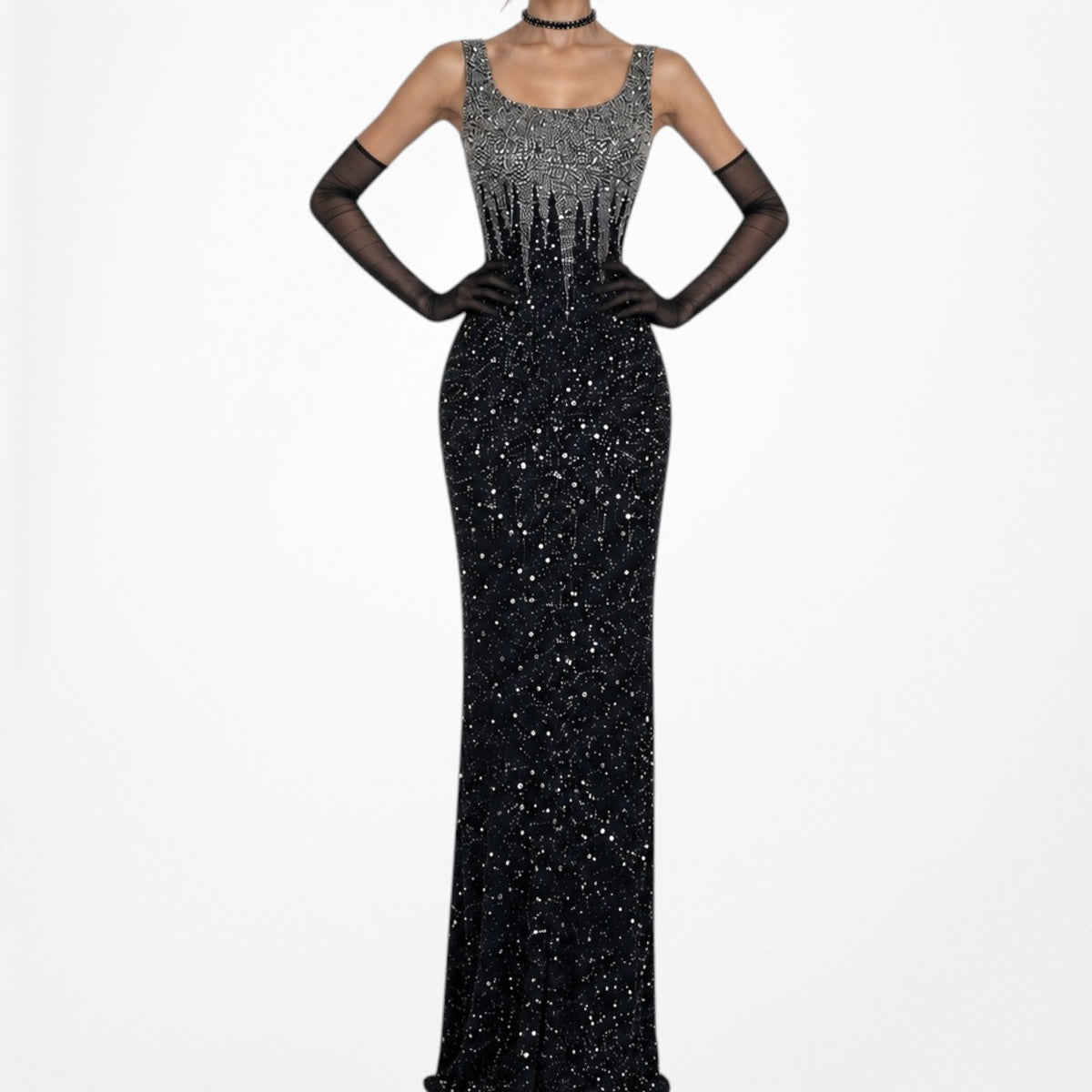 Gray Silk Beaded Maxi Bodycon Slit Formal Prom Dress Size S