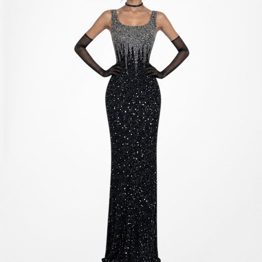 Gray Silk Beaded Maxi Bodycon Slit Formal Prom Dress Size S