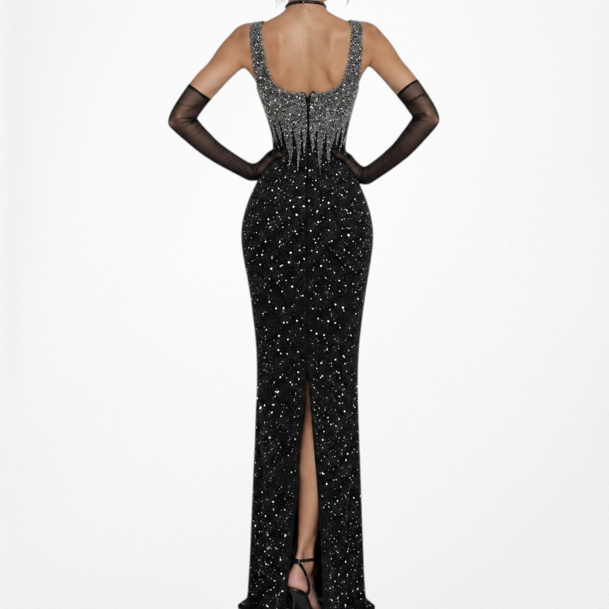 Gray Silk Beaded Maxi Bodycon Slit Formal Prom Dress Size S