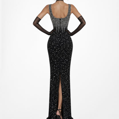 Gray Silk Beaded Maxi Bodycon Slit Formal Prom Dress Size S