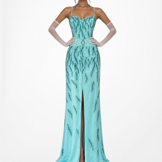 Vintage Y2K Blue Beaded Front Slit Bodycon Maxi Formal Prom Dress Size M