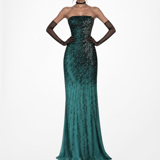 Vintage Y2K Blue Teal Strapless Silk Floral Beaded Maxi Formal Prom Dress Size S