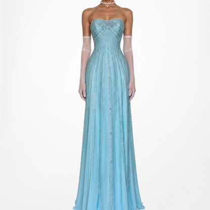 Vintage Y2K Pastel Blue Strapless Beaded Rhinestone Flared Prom Dress Size S/M