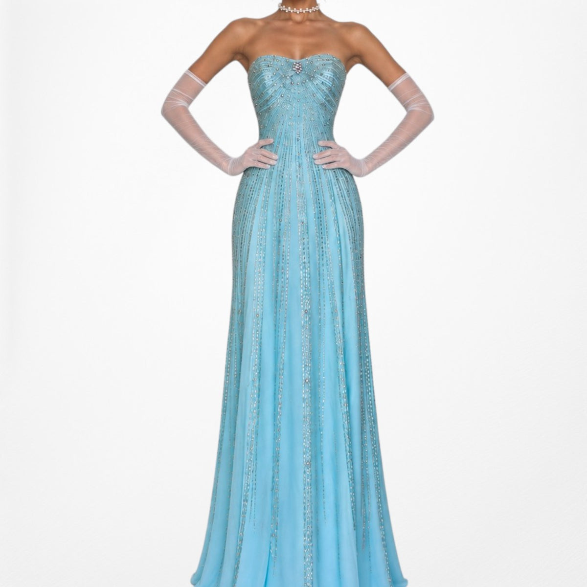 Vintage Y2K Pastel Blue Strapless Beaded Rhinestone Flared Prom Dress Size S/M