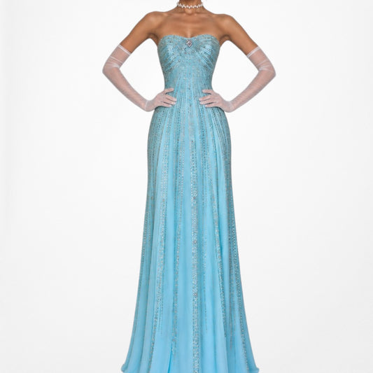 Vintage Y2K Pastel Blue Strapless Beaded Rhinestone Flared Prom Dress Size S/M