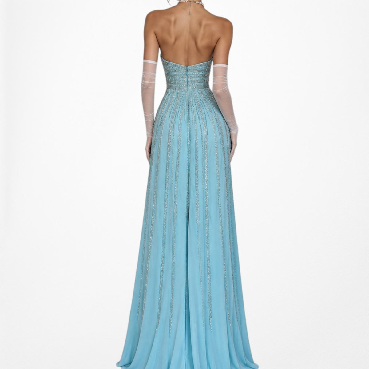 Vintage Y2K Pastel Blue Strapless Beaded Rhinestone Flared Prom Dress Size S/M
