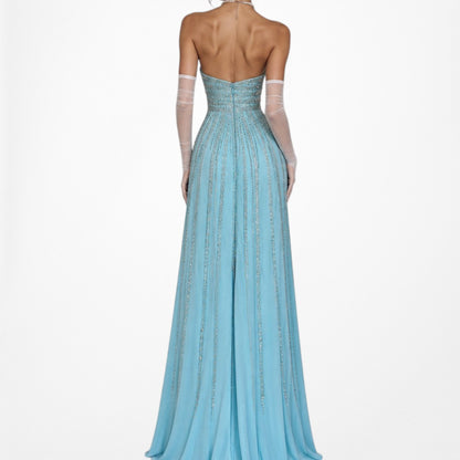 Vintage Y2K Pastel Blue Strapless Beaded Rhinestone Flared Prom Dress Size S/M
