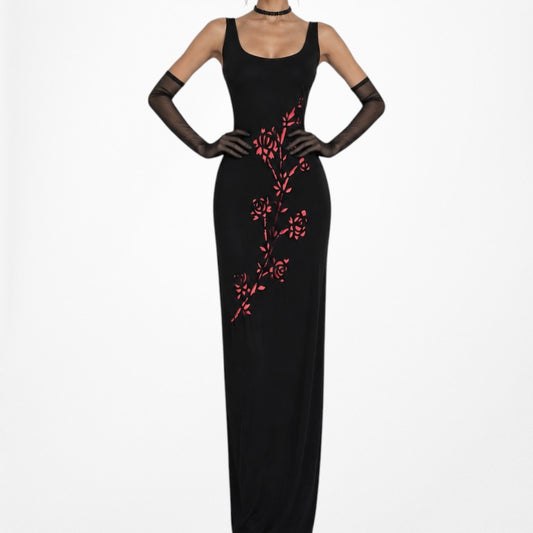 Vintage Velvet Black Red Floral Maxi Bodycon Knit Cocktail Formal Dress Size M/L