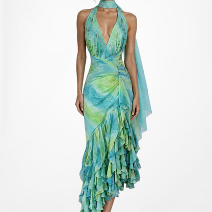 Vintage Y2K Blue Green Halter Neck Ruffle Beaded Midi Dress Size S/M