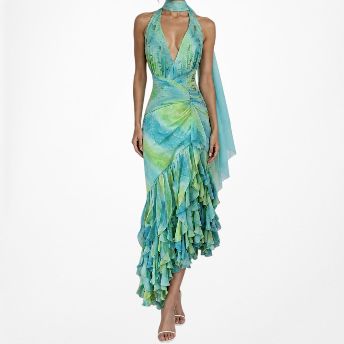 Vintage Y2K Blue Green Halter Neck Ruffle Beaded Midi Dress Size S/M