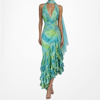 Vintage Y2K Blue Green Halter Neck Ruffle Beaded Midi Dress Size S/M