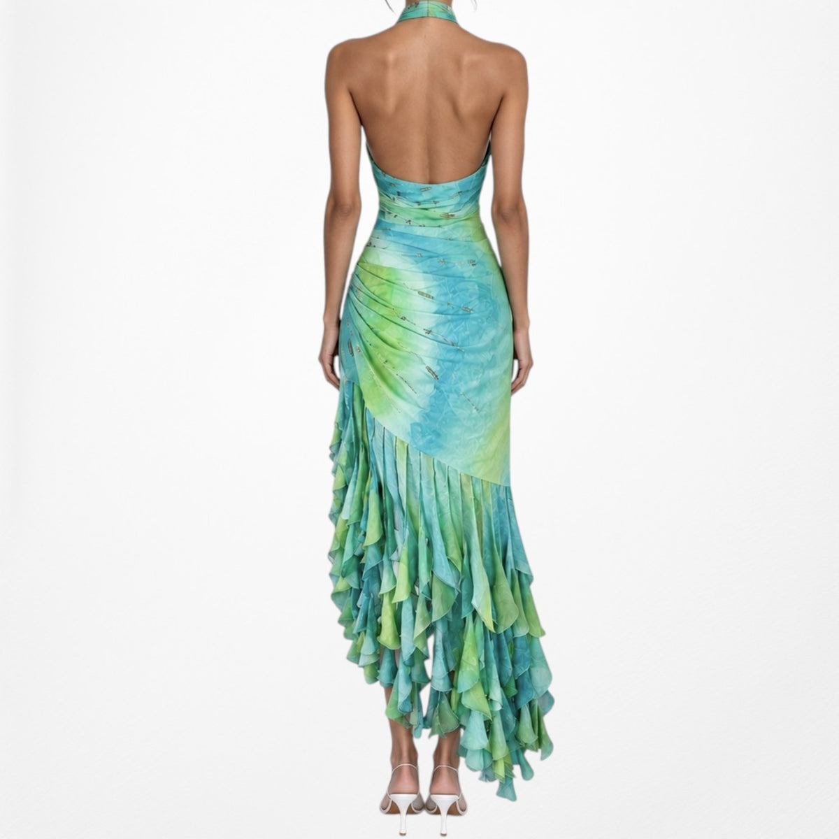 Vintage Y2K Blue Green Halter Neck Ruffle Beaded Midi Dress Size S/M