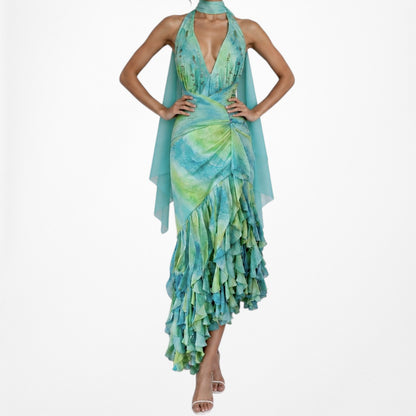 Vintage Y2K Blue Green Halter Neck Ruffle Beaded Midi Dress Size S/M