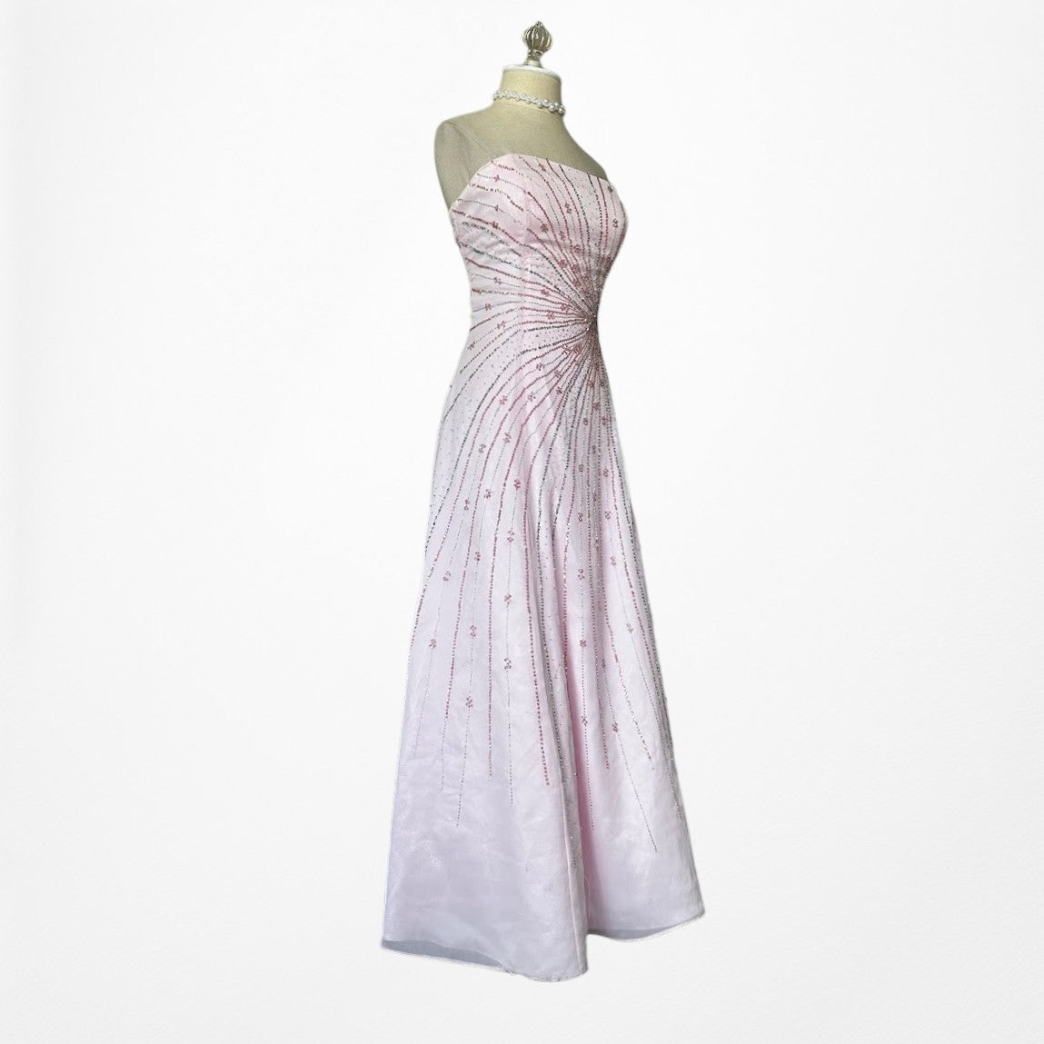 Vintage Y2K Pastel Pink Beaded Strapless A-Line Flared Maxi Prom Dress Size S/M