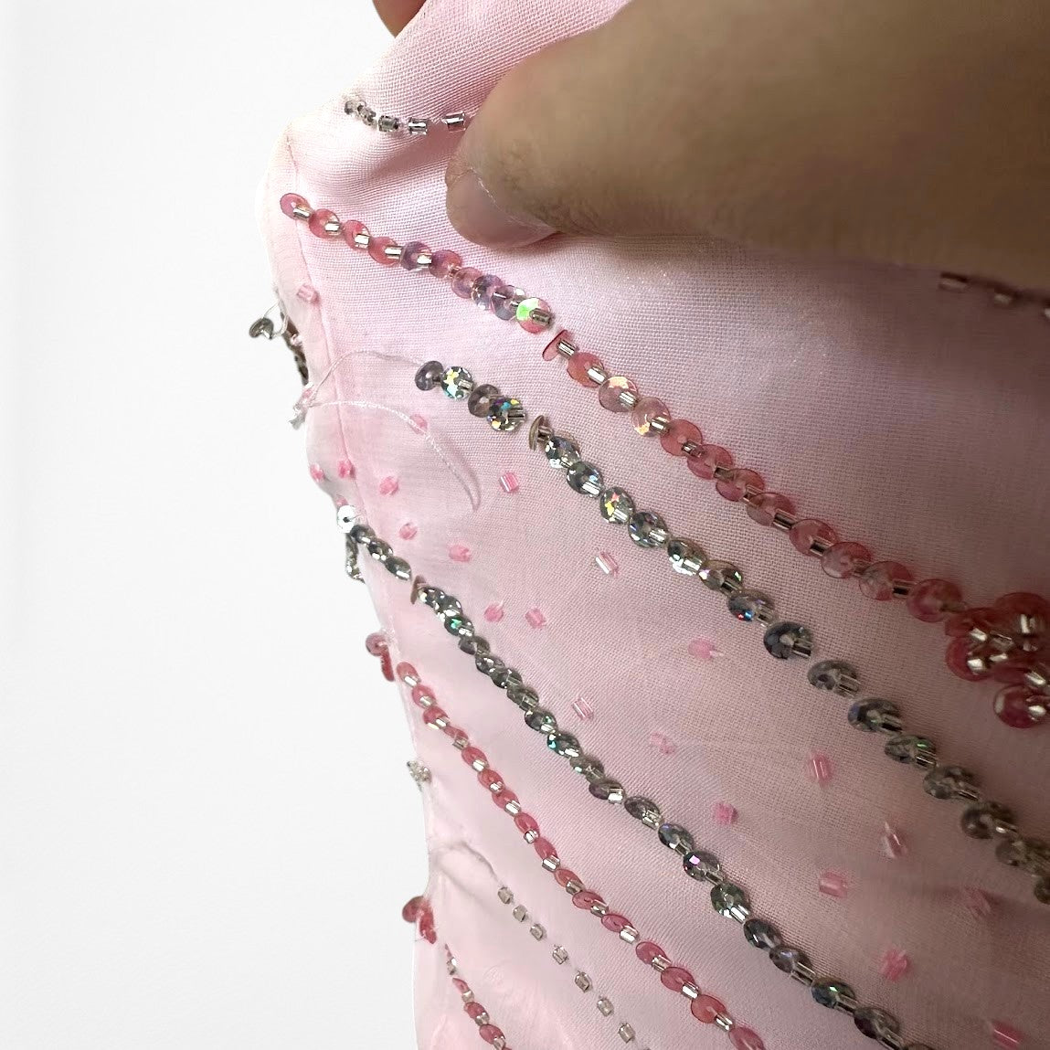 Vintage Y2K Pastel Pink Beaded Strapless A-Line Flared Maxi Prom Dress Size S/M