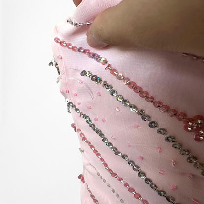 Vintage Y2K Pastel Pink Beaded Strapless A-Line Flared Maxi Prom Dress Size S/M