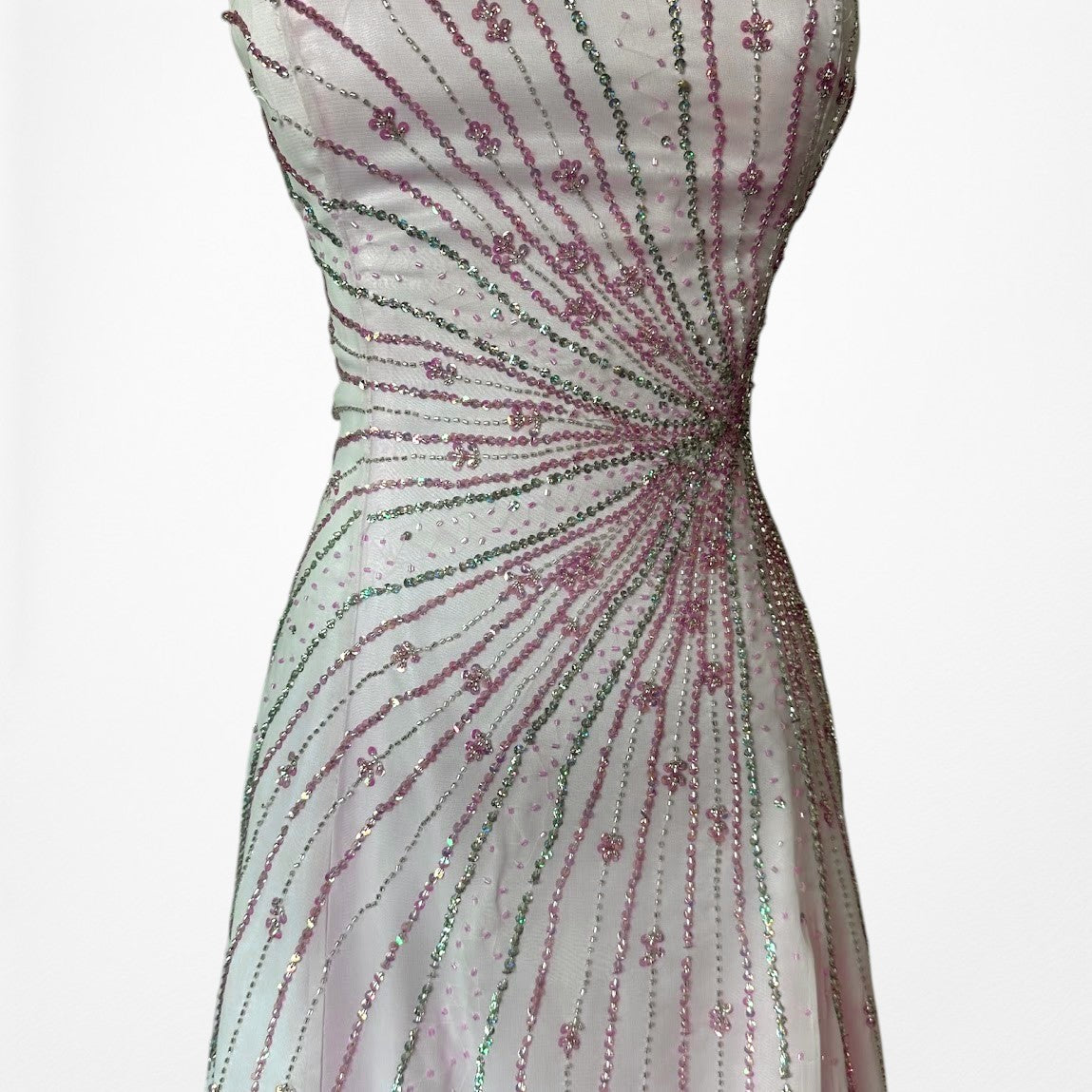Vintage Y2K Pastel Pink Beaded Strapless A-Line Flared Maxi Prom Dress Size S/M