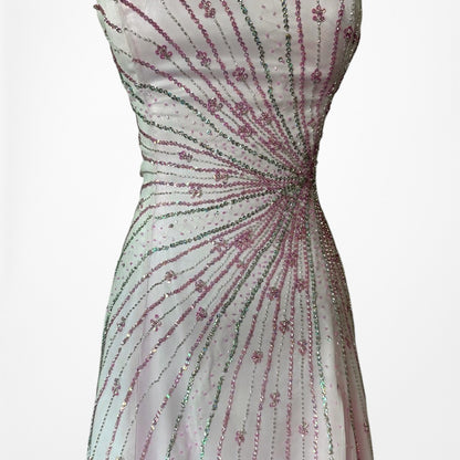 Vintage Y2K Pastel Pink Beaded Strapless A-Line Flared Maxi Prom Dress Size S/M
