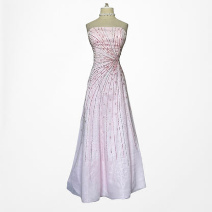 Vintage Y2K Pastel Pink Beaded Strapless A-Line Flared Maxi Prom Dress Size S/M