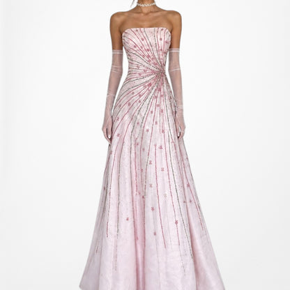Vintage Y2K Pastel Pink Beaded Strapless A-Line Flared Maxi Prom Dress Size S/M
