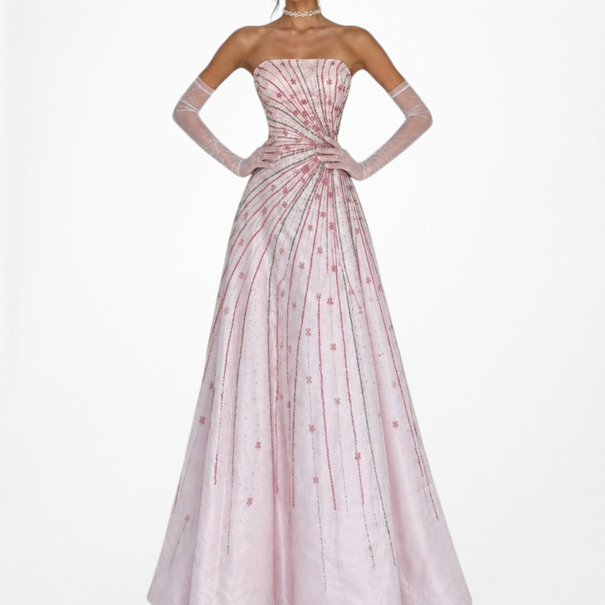 Vintage Y2K Pastel Pink Beaded Strapless A-Line Flared Maxi Prom Dress Size S/M