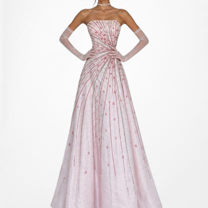 Vintage Y2K Pastel Pink Beaded Strapless A-Line Flared Maxi Prom Dress Size S/M