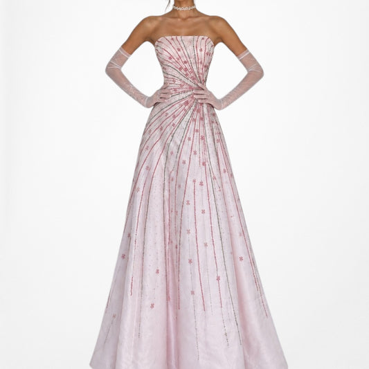 Vintage Y2K Pastel Pink Beaded Strapless A-Line Flared Maxi Prom Dress Size S/M