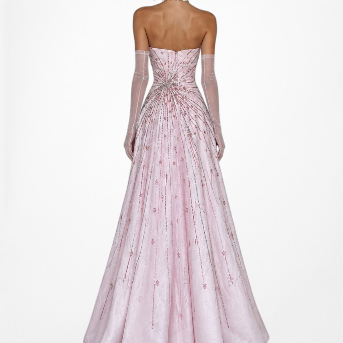 Vintage Y2K Pastel Pink Beaded Strapless A-Line Flared Maxi Prom Dress Size S/M