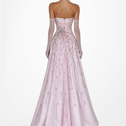 Vintage Y2K Pastel Pink Beaded Strapless A-Line Flared Maxi Prom Dress Size S/M
